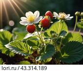 Fragaria is genus of flowering plants in rose family, Rosaceae, commonly known as strawberries for edible fruits. Hybrids and cultivars. Garden strawberry, hybrid Fragaria ananassa. Generated AI. Стоковое AI-изображение, AI-художник Юлия Петровская / Фотобанк Лори