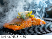 Hot smoked salmon fillet on a grill grid. Hot lox piece with steamed smoke. Black background. Salmon steak served lemon, herbs cooking grill barbecue. Grilled red fish dish. Frying trout. Menu, recipe. Стоковое AI-изображение, AI-художник Марина Демидюк / Фотобанк Лори