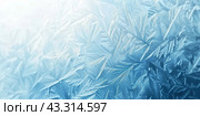 Winter frost patterns on glass. Ice crystals. Abstract light blank cold winter background or wallpaper. Frost patterns on frozen window. Frosted glass. Freezing effect. Frostwork. Harsh season. Cold. Стоковое AI-изображение, AI-художник Марина Демидюк / Фотобанк Лори