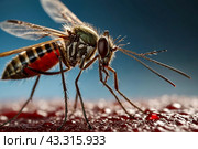 Close-up of striped mosquito on human skin, sucking human blood. Mosquitoes (Aedes aegypti), close up, macro photo. Carriers of dengue fever and malaria concept. Gen ai illustrate. Copy ad text space. Стоковое AI-изображение, AI-художник Aleksandr Golubev / Фотобанк Лори