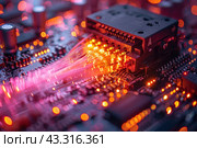 Shows a close-up of an electronic board with connected optical fibers. The fibers glow with bright orange and pink lights, creating the effect of data streams moving across the board. Circuit and component details are clearly visible, including connectors, capacitors and ICs. Lighting effects give the image a dynamic and high-tech atmosphere, emphasizing the importance of optical technologies and modern communications. Стоковое AI-изображение, AI-художник Анна Кривицкая / Фотобанк Лори