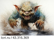 Aggressive goblin running out of the water. The goblin has green skin with blue tints, large pointed ears and sharp teeth, which he shows in a menacing grin. Its clawed paws are extended forward, giving the impression of movement and threat. The background of the image is blurred, which emphasizes the dynamism and aggressiveness of the goblin. The overall atmosphere of the image is dark and tense, ideal for science fiction or fantasy themes. Стоковое AI-изображение, AI-художник Анна Кривицкая / Фотобанк Лори