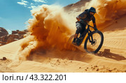 Mountain Biker Riding Through Desert Sand. Стоковое AI-изображение, AI-художник Юлия Гапеенко / Фотобанк Лори