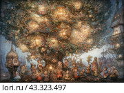 Fairytale scene with a large tree decorated with many glowing lanterns and houses. Small characters, similar to gnomes or elves, gathered around the tree, doing various things. The tree and characters are surrounded by a magical atmosphere, which is emphasized by the soft, warm light of lanterns and detailed elements reminiscent of illustrations from children's fairy tales. The overall style of the painting is fantastic and magical, with a rich palette of colors and carefully drawn details. Стоковое AI-изображение, AI-художник Анна Кривицкая / Фотобанк Лори