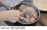 Pork and onion cut to little pieces being roast in the pan. Стоковое видео, видеограф Яков Филимонов / Фотобанк Лори