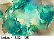Soft, beautiful watercolor illustration with beautiful plants and stains. Colorful abstract background with emerald, malachite and teal shades. Perfect for wallpaper and design. Generative AI. Стоковое AI-изображение, AI-художник Андрей Степанов / Фотобанк Лори
