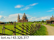 Panorama of the area of ​​Kizhi Island with an Orthodox religious complex, the Church of the Resurrection of Lazarus. Редакционное фото, фотограф Владимир Ушаров / Фотобанк Лори