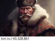 An elderly man with a stern expression, dressed in richly decorated clothing typical of Tsarist Russia. He wears a fur cape and a patterned hat, and his gray mustache and beard give him an impressive and wise appearance. The man looks directly at the viewer, determination and firmness are visible on his face. The background is made in dark colors, which emphasizes the importance and seriousness of his image. Стоковое AI-изображение, AI-художник Анна Кривицкая / Фотобанк Лори