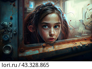 A girl with a frightened expression on her face looking out of a window or hole in a metal structure. Her hair is tousled and slightly electrified, which adds drama and mystery. The environment has an industrial look with various details and mechanisms creating a science fiction or post-apocalyptic atmosphere. The girl is dressed in simple clothes, and her large blue eyes express a mixture of fear and curiosity. This image is ideal for illustrating science fiction, adventure or post-apocalyptic stories. Стоковое AI-изображение, AI-художник Анна Кривицкая / Фотобанк Лори