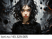 A young girl with wavy black hair and fair skin, dressed in black clothes. Her face expresses seriousness and mystery. The background is abstract, made in dark colors with drops and spherical elements reminiscent of ink spots or liquid drops. The dark and moody background contrasts with the pallor of her face, creating an effect of drama and depth. The image looks like a piece of modern art with elements of surrealism and fantasy. Стоковое AI-изображение, AI-художник Анна Кривицкая / Фотобанк Лори