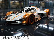 Futuristic sports car in a modern garage or auto repair shop. The car has a sleek design with sharp lines and a vibrant color scheme of white body with orange accents. The car sits on a shiny floor that reflects its details, adding extra depth and impact to the image. The car looks powerful and high-tech, with large wheels and aerodynamic elements. Around the car you can see details of the garage interior, which creates an atmosphere of high technology and innovation. Стоковое AI-изображение, AI-художник Анна Кривицкая / Фотобанк Лори