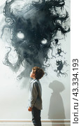 A young boy is standing in front of a painting of a monster on a wall, mesmerized by the artwork. Стоковое AI-изображение, AI-художник Юрий Поздников / Фотобанк Лори