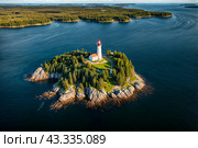 Aerial view landscape of archipelago of islands with lighthouse in Gulf of Finland, skyline at blue sky background. Amazing natural wild scenery view of Scandinavian nature. Copy ad text space. Стоковое AI-изображение, AI-художник Aleksandr Golubev / Фотобанк Лори