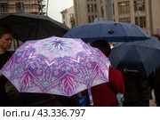 Люди под зонтами во время проливного дождя в центре города Москвы, Россия (2024 год). Редакционное фото, фотограф Николай Винокуров / Фотобанк Лори