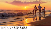 A young family with young children strolls along the seashore in the sunset rays and surf waves. Copy space. Стоковое AI-изображение, AI-художник Ярославский Максим / Фотобанк Лори