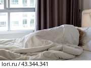 Blond man sleeps on a bed under a white blanket in a bedroom with a large window. Comfortable sleep. Стоковое фото, фотограф Коханова Наталья / Фотобанк Лори