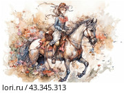 Young girl sitting on a white horse. The girl is dressed in an ancient dress with ruffles and flowers, her hair fluttering in the wind. She holds the reins in her hands and looks forward with a confident expression on her face. The horse walks forward, surrounded by a floral design made in watercolor technique. The background of the image is decorated with many flowers in pastel and warm colors, which creates an atmosphere of romance and magic. This image is perfect for themes related to history, romance and nature. Стоковое AI-изображение, AI-художник Анна Кривицкая / Фотобанк Лори