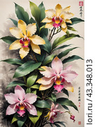 Акварель. Китайский, японский стиль рисования тушью. Цветы. Watercolour. Chinese, Japanese ink painting style. Flowers. Стоковое AI-изображение, AI-художник Гер Олег / Фотобанк Лори