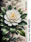 Акварель. Китайский, японский стиль рисования тушью. Цветы. Watercolour. Chinese, Japanese ink painting style. Flowers. Стоковое AI-изображение, AI-художник Гер Олег / Фотобанк Лори