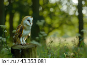 Амбарная сова (Tyto alba) сидит на пеньке на опушке леса. Стоковое AI-изображение, AI-художник Щеголева Ольга / Фотобанк Лори