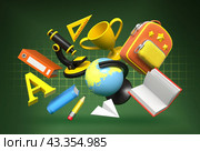 Обратно в школу. Кабинет расположен на темно-зеленом фоне. Школьные предметы облегчают ребенку процесс обучения. Иллюстрации к школьным предметам выполнены в мультяшном стиле. Стоковая иллюстрация, иллюстратор Юлия Мелешина / Фотобанк Лори