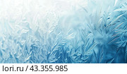 Winter frost patterns on glass. Ice crystals. Abstract light blank cold winter background or wallpaper. Frost patterns on frozen window. Frosted glass. Freezing effect. Frostwork. Harsh season. Cold. Стоковое AI-изображение, AI-художник Марина Демидюк / Фотобанк Лори