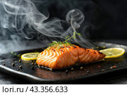 Hot smoked salmon fillet on black plate. Hot lox piece with steamed smoke. Dark background. Salmon steak served lemon, herbs cooking grill barbecue. Grilled red fish dish. Frying trout. Menu, recipe. Стоковое AI-изображение, AI-художник Марина Демидюк / Фотобанк Лори