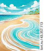 Art beach scene with gentle waves, sandy shoreline. Bright colors create peaceful atmosphere. Generated AI. Sunny beach holidays travel concept. Copy space. Sunny tropic paradise. Plage background. Стоковое AI-изображение, AI-художник Юлия Петровская / Фотобанк Лори