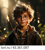 A boy who resembles a character from the book "Harry Potter". He is standing in the forest, his face is slightly dirty, scratches are visible on his cheeks. The boy wears round glasses and holds a wand in his hand. His tousled hair and forward gaze give him an appearance of courage and determination. Fiery sparks are visible around it, creating a mysterious and magical atmosphere. The light from the flashlight illuminates his face, highlighting details and adding depth to the image. Стоковое AI-изображение, AI-художник Анна Кривицкая / Фотобанк Лори