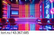 A row of chairs is neatly set up in front of a stage brightened by vibrant neon lighting. Стоковое AI-изображение, AI-художник Юрий Поздников / Фотобанк Лори