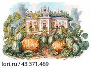 A house in the classicist style, surrounded by a large vegetable garden with large pumpkins and other pumpkin crops. The house is decorated with elegant architectural details such as carvings on the roof and balconies. In the foreground are several mature pumpkins of varying sizes and shades, nestled among green foliage. The lush vegetation of the vegetable garden contrasts with the architectural austerity of the house, creating a harmonious combination of natural and man-made. Стоковое AI-изображение, AI-художник Анна Кривицкая / Фотобанк Лори