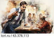 Emotional indoor scene done in watercolor style. A man in a business suit and tie shouts angrily and points his finger, his face and posture expressing anger. There are several people sitting at the table, including two girls and a woman, who look upset and depressed. The scene is filled with drama and tension, which is conveyed through blurred colors and expressive brush strokes. Стоковое AI-изображение, AI-художник Анна Кривицкая / Фотобанк Лори