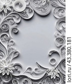 Paper flowers crafted using the quilling technique. The flowers are in shades of gray and white and are arranged in a circular pattern on a grey background. Frame with copy space. AI generated. Стоковое AI-изображение, AI-художник Юлия Петровская / Фотобанк Лори