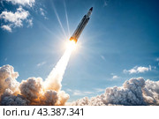 Ballistic nuclear military missile in blue sky with clouds, rocket launch trace. Anti-aircraft defense by military complexes, military aid, protection of sky. War concept on Earth. Copy ad text space. Стоковое AI-изображение, AI-художник Aleksandr Golubev / Фотобанк Лори