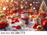 Новогодняя открытка с елочными игрушками, шарики, снеговик, подарки. Стоковое AI-изображение, AI-художник Щеголева Ольга / Фотобанк Лори