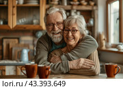 Smiling Senior Couple Enjoying Coffee Together In Their Home Kitchen. Стоковое AI-изображение, AI-художник Юлия Гапеенко / Фотобанк Лори