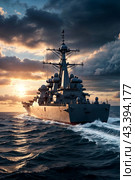 Modern rocket cruiser military warship sailing in open stormy sea at sunset cloudy sky, naval military control of sea. Protection of water state borders. Naval forces army concept. Copy ad text space. Стоковое AI-изображение, AI-художник Aleksandr Golubev / Фотобанк Лори