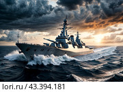 Modern rocket cruiser military warship sailing in open stormy sea at sunset cloudy sky, naval military control of sea. Protection of water state borders. Naval forces army concept. Copy ad text space. Стоковое AI-изображение, AI-художник Aleksandr Golubev / Фотобанк Лори