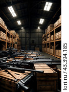 Packaged weapon inside military storage, guns in metal and wooden boxes stored in dark warehouse. Illegal smuggle arsenal of firearm. Concept of war, industry, violence, security. Copy ad text space. Стоковое AI-изображение, AI-художник Aleksandr Golubev / Фотобанк Лори