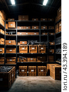 Packaged weapon inside military storage, guns in metal and wooden boxes stored in dark warehouse. Illegal smuggle arsenal of firearm. Concept of war, industry, violence, security. Copy ad text space. Стоковое AI-изображение, AI-художник Aleksandr Golubev / Фотобанк Лори