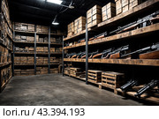 Packaged weapon inside military storage, guns in metal and wooden boxes stored in dark warehouse. Illegal smuggle arsenal of firearm. Concept of war, industry, violence, security. Copy ad text space. Стоковое AI-изображение, AI-художник Aleksandr Golubev / Фотобанк Лори