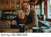 Smiling Senior Couple Enjoying Coffee Together In Their Home Kitchen. Стоковое AI-изображение, AI-художник Юлия Гапеенко / Фотобанк Лори
