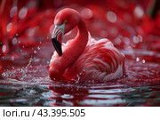 Pink Flamingo Preening in Red Water. Стоковое AI-изображение, AI-художник Сергей Толмачёв / Фотобанк Лори