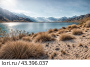 Landscape photo of Laguna Colorada lake with dry vegetation at Andes mountains background. Scenery view of Bolivia in natural wilderness. Bolivian nature landmarks concept. Copy ad text space, poster. Стоковое AI-изображение, AI-художник Aleksandr Golubev / Фотобанк Лори