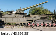 305-мм морская железнодорожная артиллерийская установка ТМ-3-12. СССР. Экспозиция боевой техники в музее Парка Победы в Москве. Техника времен второй мировой войны (2024 год). Редакционное фото, фотограф Константин Григорьев / Фотобанк Лори