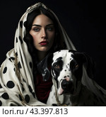 A young woman with dark hair and expressive green eyes. She is dressed in a cream robe with black polka dots, which evokes a retro style. A scarf decorated with pearl beads is thrown over her shoulders. The woman has a serious expression and lightly painted red lips, which gives her image sophistication and severity. In the foreground is a black and white Dalmatian dog, also adorned with a pearl necklace. The dark background enhances the contrast between the white and black elements of the dog's clothing and fur, creating a dramatic atmosphere. Стоковое AI-изображение, AI-художник Анна Кривицкая / Фотобанк Лори