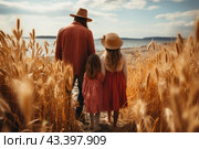 Outdoor scene: a father and two daughters stand with their backs to the viewer against the backdrop of a field with golden ears of corn, looking at a pond. The father is dressed in a shirt and hat, the eldest daughter is in a red dress and hat, the youngest is in a pink dress. They stand together holding hands, creating a warm feeling of family connection and unity. The sky is clear, with light clouds, and the sun illuminates the entire scene, highlighting the golden hues of the ears and creating an atmosphere of calm and harmony. Стоковое AI-изображение, AI-художник Анна Кривицкая / Фотобанк Лори