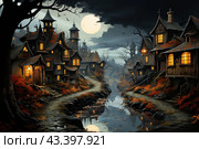 Night landscape of a fantastic village. A narrow stone street leads through the village, lined with quaint houses with gabled roofs and luminous windows. A lantern at the front door of one of the houses illuminates part of the street. Orange leaves cover the ground and rooftops, creating a contrast with the dark trees and buildings. A calm stream flows in the center of the image, reflecting the light of the moon and houses. The night sky is decorated with large clouds through which the light of the full moon shines through. Silhouettes of flying birds are also visible in the sky, adding an atmosphere of mysticism and tranquility to the image. Стоковое AI-изображение, AI-художник Анна Кривицкая / Фотобанк Лори