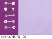 Пять ключей из светлого металла лежат на фиолетовом и сиреневом фоне.  five keys from light metal lie on a violet and lilac surface. Стоковое фото, фотограф Лариса Гордеева / Фотобанк Лори