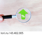 Концепция роста и приумножения. Увеличенная лупой зеленая стрелка с символом "Процент" направлена вверх. Стоковое фото, фотограф Татьяна Т / Фотобанк Лори